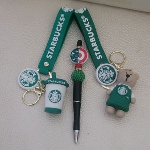 STARBUCKS TARGET Beaded Pen and 2 Keychains Bear Coffee Mug Cup Green Red White